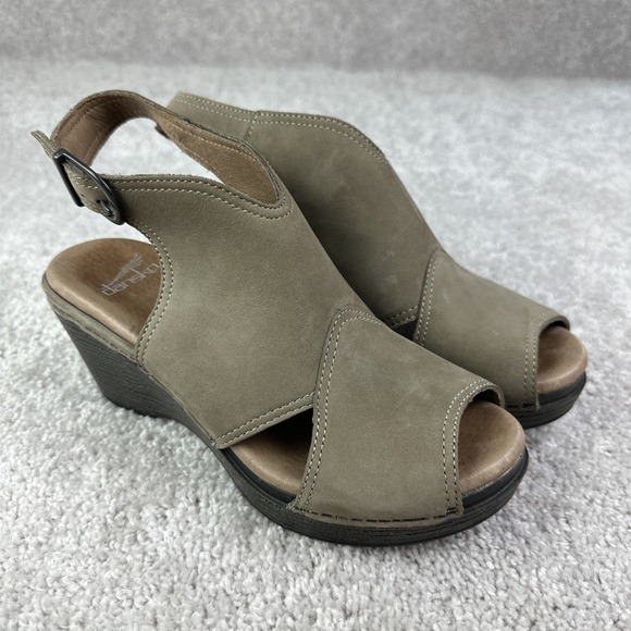 Dansko Shoes - Dansko Vanda Taupe Nubuck Wedge Sandals Sling Backs Shoes Size 38